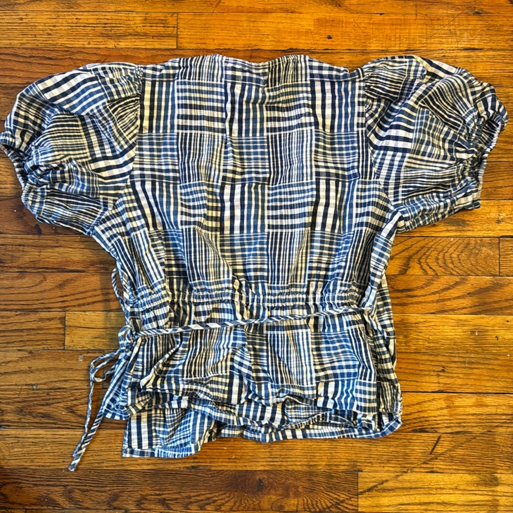 J. CREW Women's Puff Sleeve Wrap Top Indigo Patchwork Blouse 100% Cotton Size XL - Picture 6 of 16